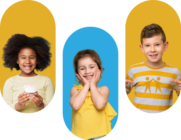 Three smiling kids in colorful pills